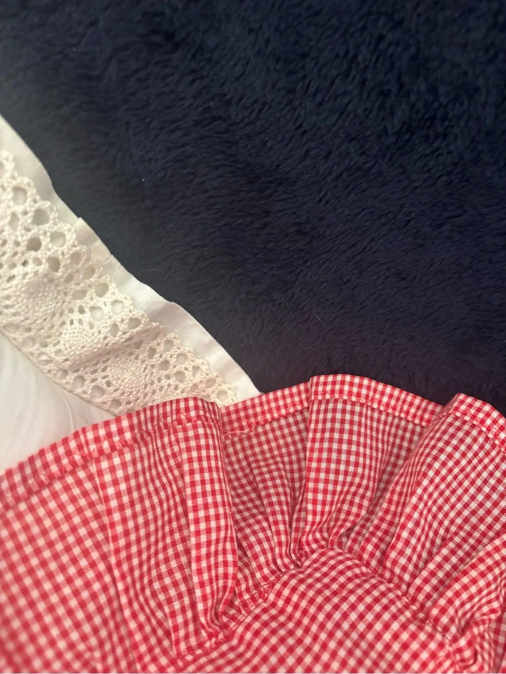 Rustic Primitive Farmhouse Red Gingham Pillow Vintage Ruffled Lace Final Sale